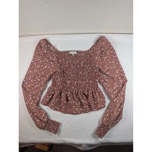 Ultra Flirt Floral Smocked Peplum Top Rust Long‎ Sleeve Square Neck XS